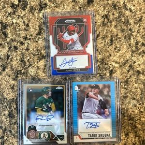 Juan Yepez, Conner Capel, Tarik Skubal autographed baseball cards.